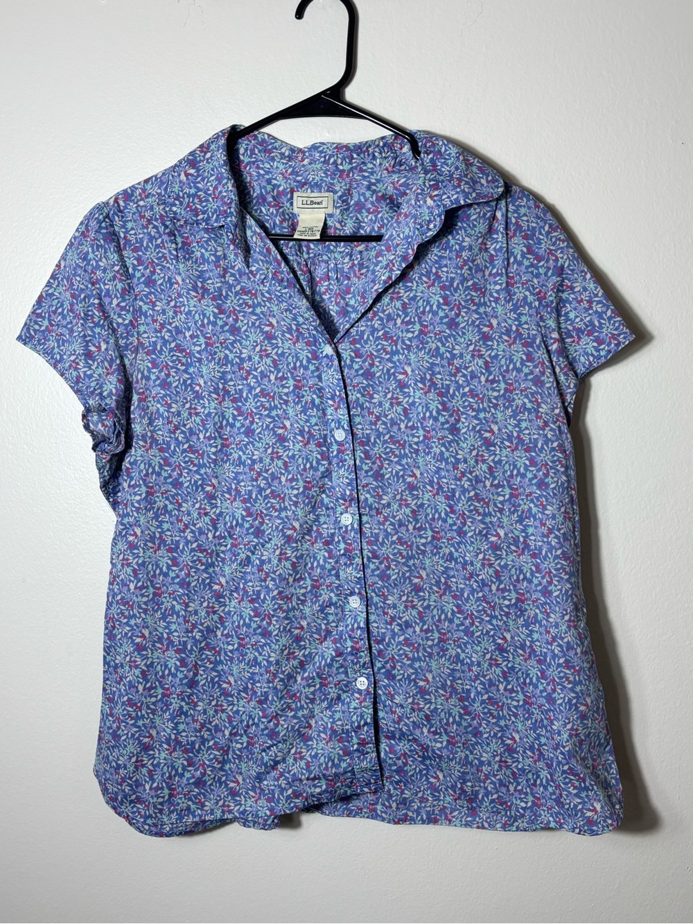 Women’s L.L. Bean Blue Floral Collared Short Sleeve Button-Up 100% Cotton, L